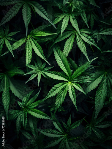 Top view close up of green cannabis marijuana leaves background 