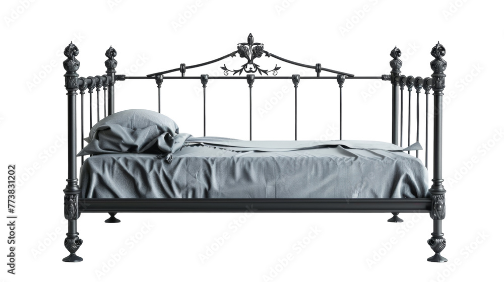 A cozy bed with a sleek metal frame and headboard A cozy bed with a sleek metal frame and headboard