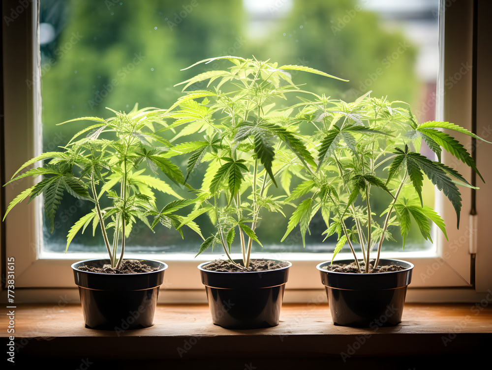 Three cannabis marijuana plants growing in a pot on window sill at home Three cannabis marijuana plants growing in a pot on window sill at home