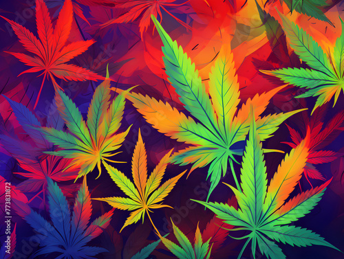 Abstract colorful background with cannabis marijuana plant leaves 