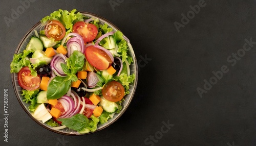 Top shot of a healthy salad bowl on a plain black background