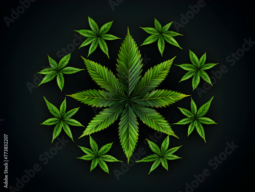 Illustration of green cannabis marijuana leaves on black background 