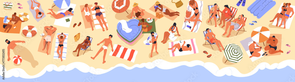 Beach banner with people crowd sunbathing and relaxing on sand. Tiny tourists characters resting at sea resort, seaside relaxation on summer holiday, vacation, top view. Flat vector illustration Beach banner with people crowd sunbathing and relaxing on sand. Tiny tourists characters resting at sea resort, seaside relaxation on summer holiday, vacation, top view. Flat vector illustration