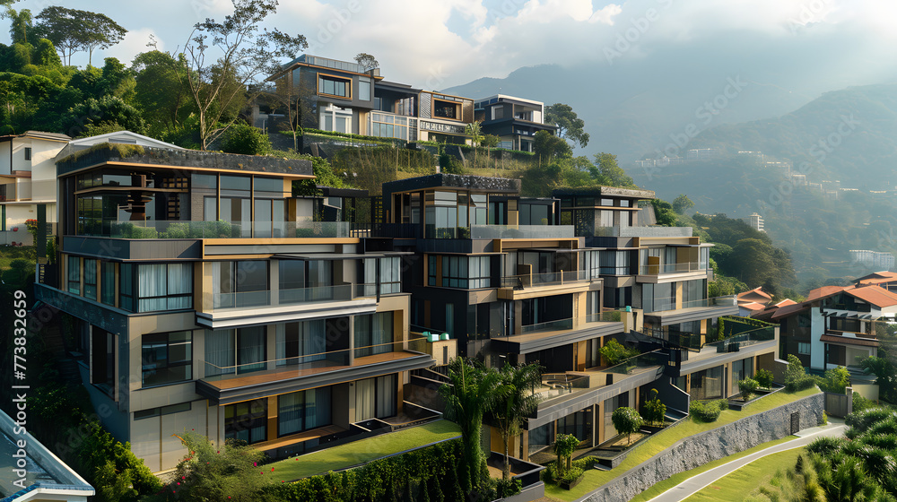 Luxury Mountain Townhouse Complex with Symmetrical Twin Buildings and Terraced Design