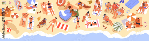 Beach banner with people crowd sunbathing and relaxing on sand. Tiny tourists characters resting at sea resort, seaside relaxation on summer holiday, vacation, top view. Flat vector illustration photo