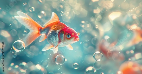 Goldfish, bubbly charm, close-up, cheerful, bright light, lively, clear, warm tones. 