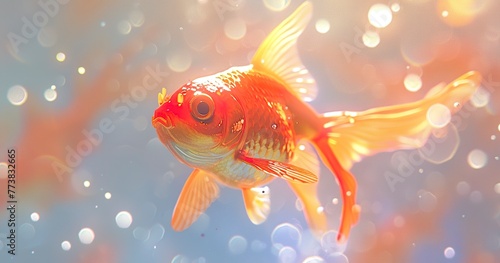 Goldfish, bubbly charm, close-up, cheerful, bright light, lively, clear, warm tones.  © Thanthara