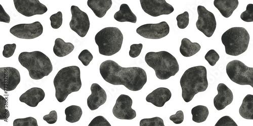 Cow skin imitation. Hand drawn watercolor seamless pattern. Spotted black and white print. Animal texture background for fabric, cards, covers, invitations,scrapbooking, packaging papers.
