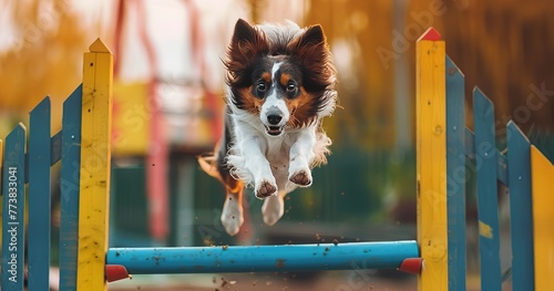 Dog, agility course jump, close-up, dynamic action, focused determination, clear detail. 