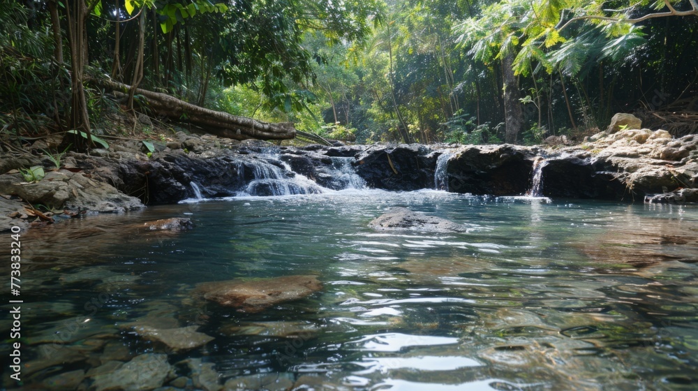 Stream Flowing Through Green Forest Stream Flowing Through Green Forest