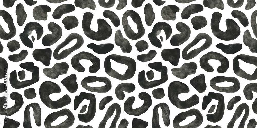 Snow Leopard skin imitation. Hand drawn watercolor seamless pattern. Spotted black and white print. Animal texture background for fabric, cards, covers, invitations,scrapbooking, packaging papers