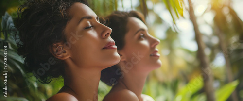 Lifestyle portrait of two women friends relaxing at luxury spa retreat on tropical resort vacation	 photo