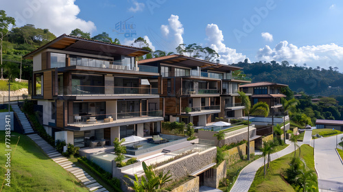 Luxury Mountain Townhouse Complex with Symmetrical Twin Buildings and Terraced Design © 윤이밤샌다 창