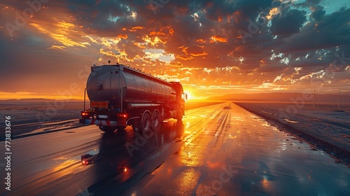 The back view of a big metal fuel tanker truck in motion shipping fuel to the oil refinery at sunset. Generative AI.