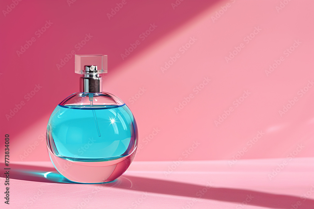 close up image of a blue perfume bottle on a neutral pink background illuminated by sunlight close up image of a blue perfume bottle on a neutral pink background illuminated by sunlight