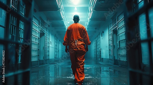 Rear view. A prisoner in a federal prison mysteriously entering a cell at night wearing an orange prisoner uniform. Generative AI. photo