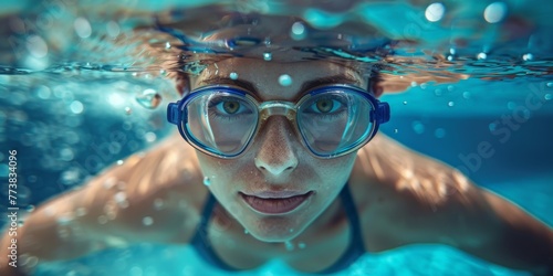 Female swimmer at the swimming pool.Underwater photo. © Sanych