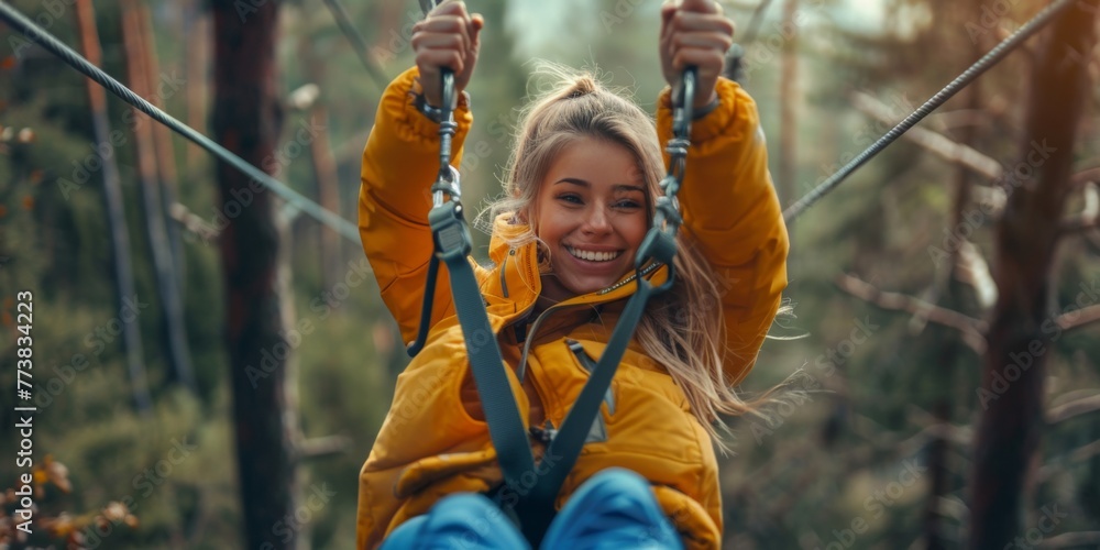 Happy women girl female gliding climbing in extreme road trolley zipline in forest on carabiner safety link on tree to tree top rope adventure park. Family weekend children kids activities concept - obrazy, fototapety, plakaty 