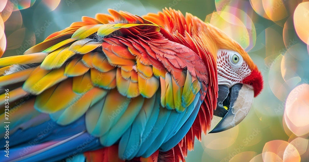Fototapeta premium Parrot, New Year's sparkle, close-up, festive, vibrant feathers, detailed, celebratory shimmer. 