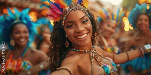 Lets dance all our troubles away. Cropped shot of beautiful samba dancers performing in a carnival with their band.