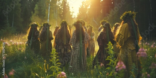 Midsummer with women wearing wraths during a clear and sunny day in Sweden