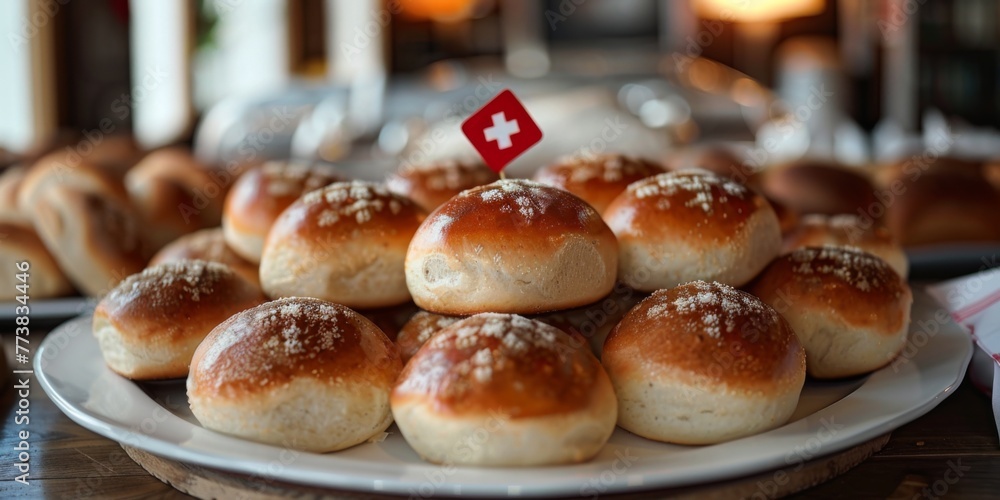 Swiss National Day, August 1st, special bread rolls with a small Swiss flag on top Swiss National Day, August 1st, special bread rolls with a small Swiss flag on top