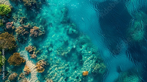 coral reef in the crystal clear sea with wonderful colors seen from a bird's eye view, generated by AI