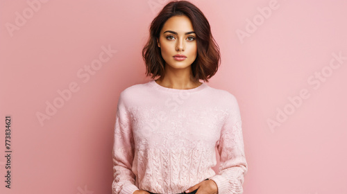 young adult beautiful brunette woman wears a pink pastel style sweater, beauty pretty and comfortable clothes, portrait, front view, close-up