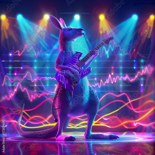 A kangaroo playing electric guitar on a neonlit stage, surrounded by vibrant sound waves,Nashid Chroma illustration, vivid 4K