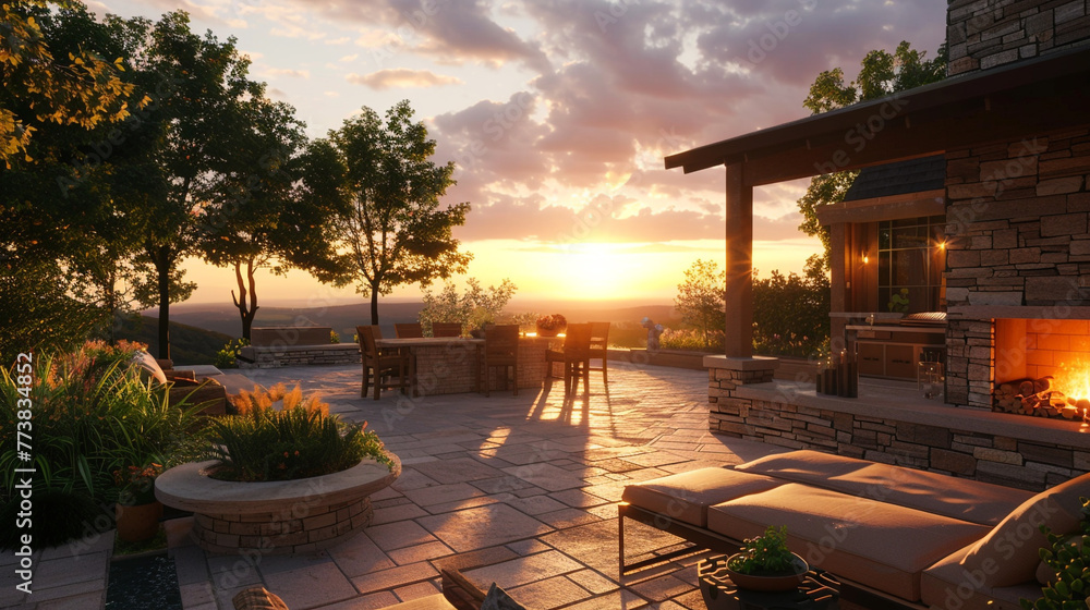 The sun setting over an inviting outdoor space, complete with a stone fireplace and plush seating, creating the perfect ambiance for relaxation. 8K.