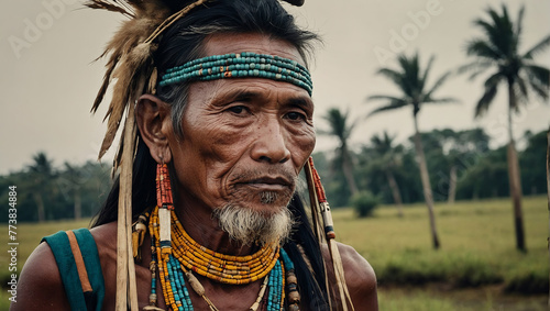 Portrait of an old dark-skinned Aboriginal man with authentic jewelry. photo