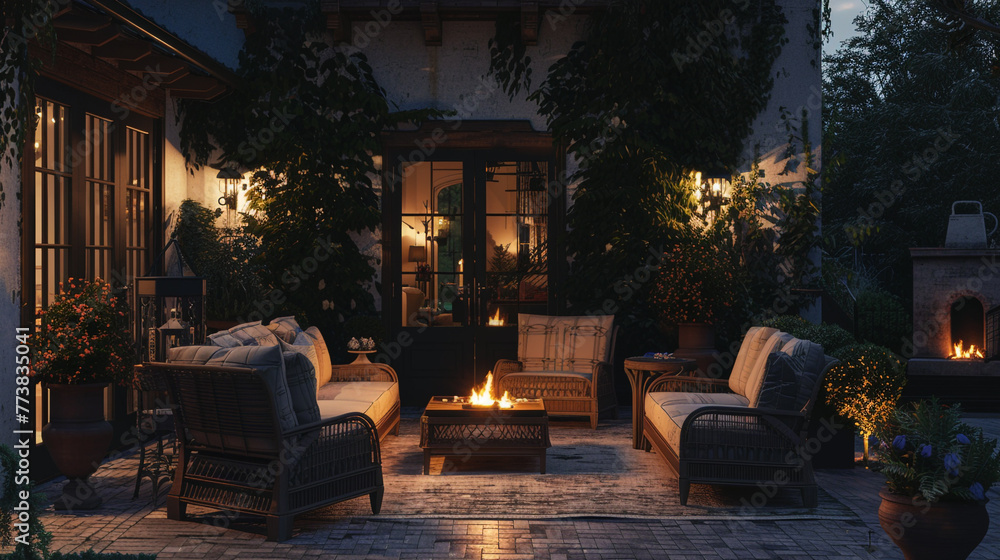Twilight settling in on a charming outdoor patio, where a crackling fire adds warmth to the chic furniture arrangement. 8K.