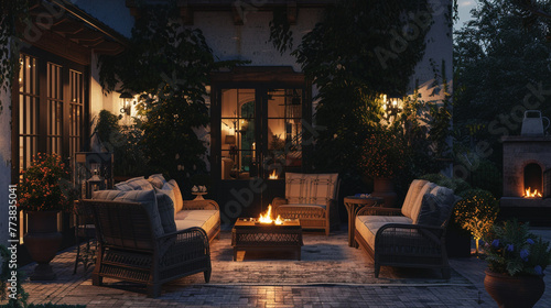 Twilight settling in on a charming outdoor patio  where a crackling fire adds warmth to the chic furniture arrangement. 8K.