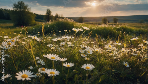 Serene charm of a spring landscape, where delicate wildflowers and daisies sway gently in the breeze, offering a serene summer panorama.