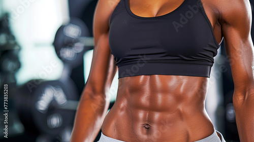 Close-up of muscular female athlete's torso with gym equipment background