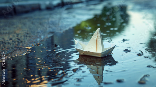 Paper boat on reflective puddle during twilight with urban backdrop, symbolizing hope and guidance