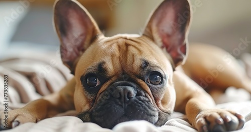 French Bulldog, compact and muscular, expressive bat-like ears, playful. © Thanthara