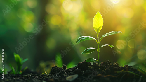 Young plant sprouting from soil with sunlight filtering through foliage