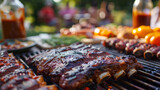 Summertime barbecue with succulent meats and vegetables on a grill
