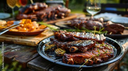 Summertime barbecue with succulent meats and vegetables on a grill