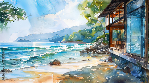 Watercolor depiction of a secluded beach house by the sea, blending tranquility with rustic charm © thanakrit