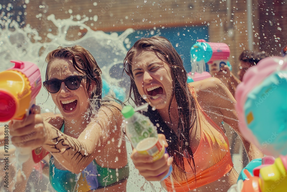 Obraz premium Two Girls Playing in a Pool With Toys
