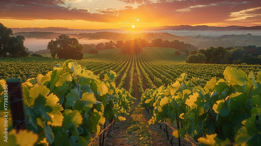 Sunrise over the Vineyard, the tranquil beauty of a vineyard at sunrise. Generative AI.