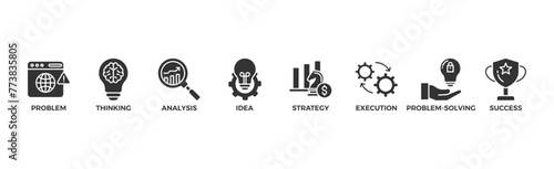 Solution banner web icon vector illustration concept with icons of problem, thinking, analysis, idea, strategy, execution, problem-solving, success	
