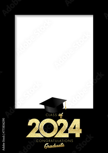 Graduation photo frame A4, Class of 2024. Black copy space background with class of 2024 number and square academic cap. Vector illustration