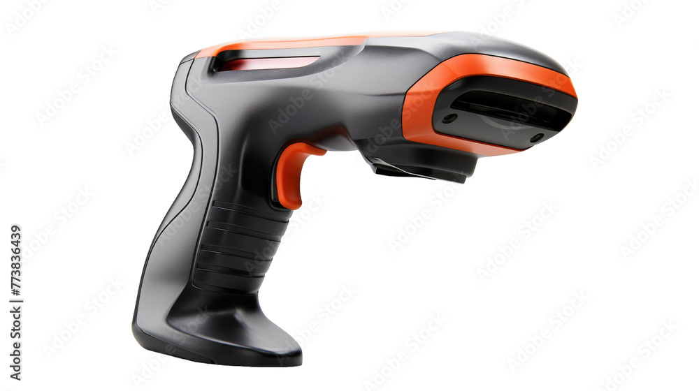 An orange and black handheld scanner against a crisp white backdrop An orange and black handheld scanner against a crisp white backdrop