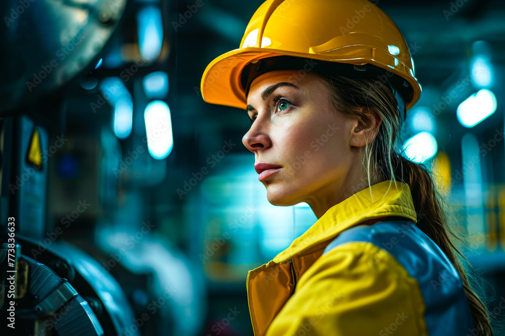 A focused female engineer in a yellow hard hat is inspecting a machinery part in an industrial setting during the nighttime A focused female engineer in a yellow hard hat is inspecting a machinery part in an industrial setting during the nighttime