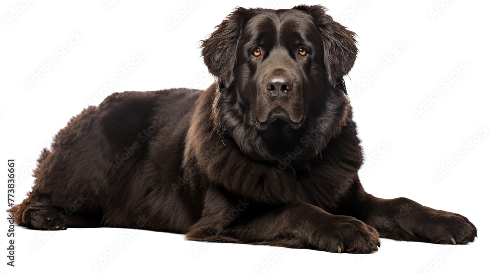 A large black dog peacefully lays on top of a white floor A large black dog peacefully lays on top of a white floor