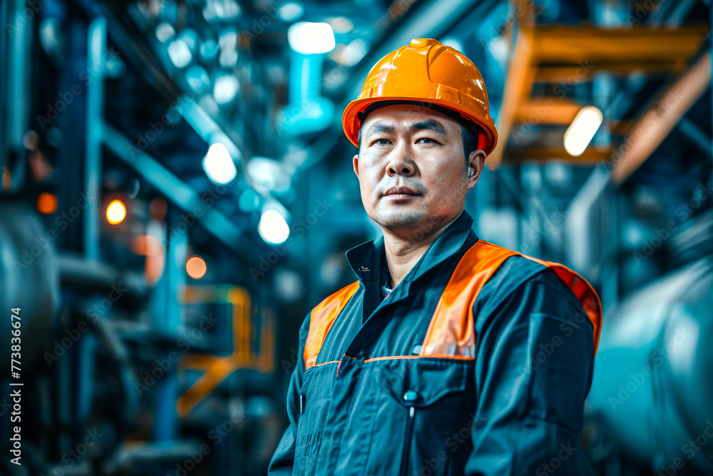 A man in safety gear, including a hard hat and reflective vest, stands confidently in an industrial setting with machinery in the background A man in safety gear, including a hard hat and reflective vest, stands confidently in an industrial setting with machinery in the background