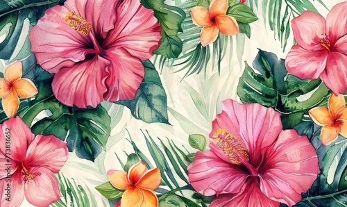 watercolor seamless pattern with exotic tropical flowers  Generative AI